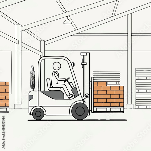 A simple line drawing depicts a forklift operator moving a pallet of bricks inside a warehouse, showcasing industrial activity and logistics in a minimalist style.