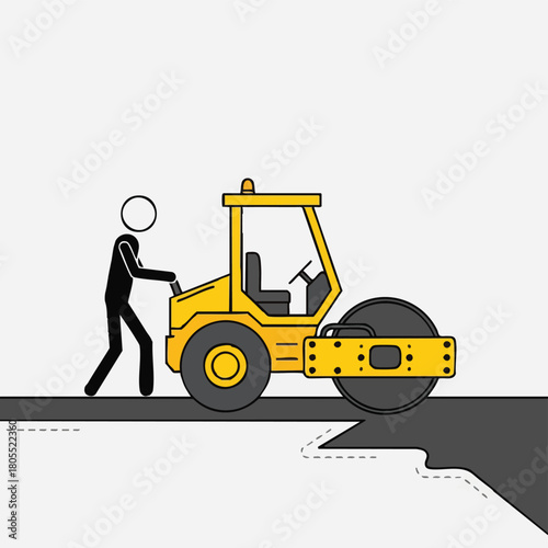 A simple illustration depicts a stick figure operating a yellow road roller, smoothing out a newly paved asphalt surface, highlighting construction and infrastructure.