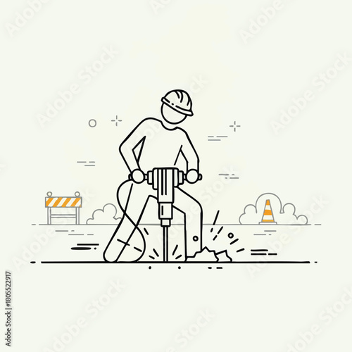 A minimalist line drawing depicts a construction worker using a jackhammer to break pavement, set against a backdrop of safety equipment and stylized clouds.