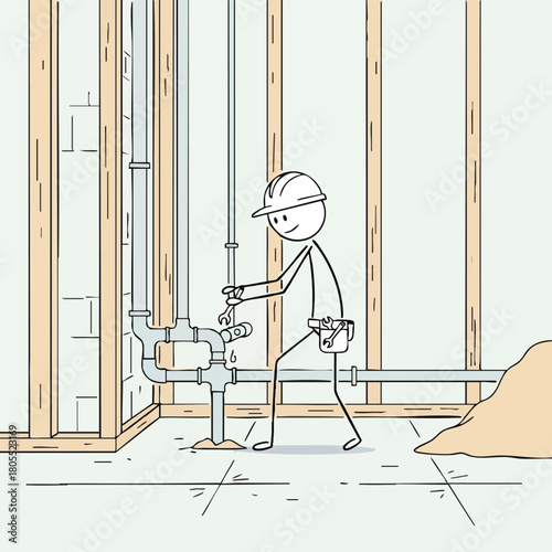 A stick figure construction worker in a hard hat carefully inspects a leaking pipe system within an unfinished building frame, illustrating common plumbing repair.