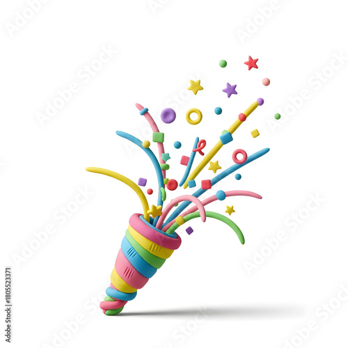 A vibrant, rainbow-colored party popper made of clay, exploding with festive confetti against a white background.