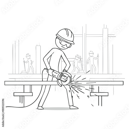 A diligent stick figure construction worker, wearing a hard hat and safety glasses, skillfully cuts a metal beam with an angle grinder, producing bright sparks.