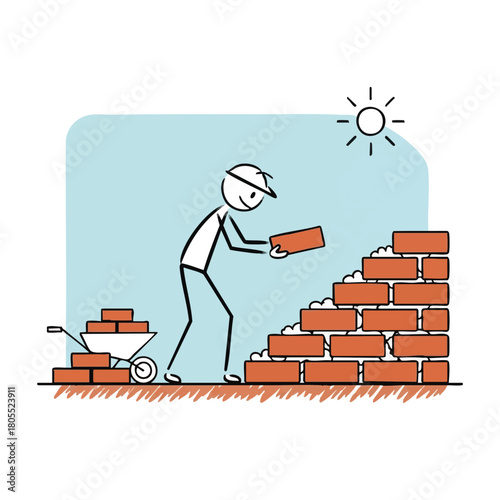 A whimsical stick figure illustration depicts a construction worker carefully laying bricks to build a wall under a bright, sunny sky, showcasing labor.
