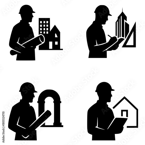 4 Minimalist logos or icons for architects, silhouette, transparent background