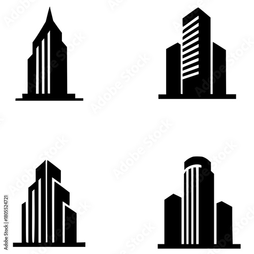 4 Minimalist logos or icons for buildings / real estate, silhouette, transparent background