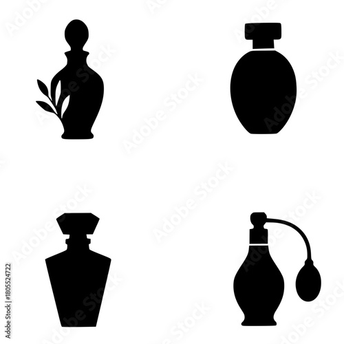 4 Minimalist logos or icons for perfume, silhouette, transparent background