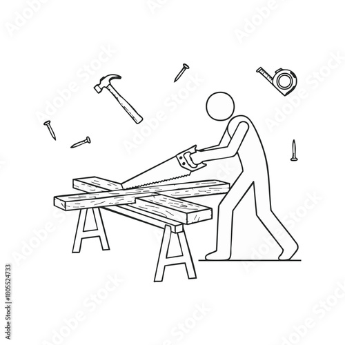 A simple line drawing showcases a person sawing wood on a sawhorse, surrounded by tools like a hammer, nails, and a measuring tape, against a white background.