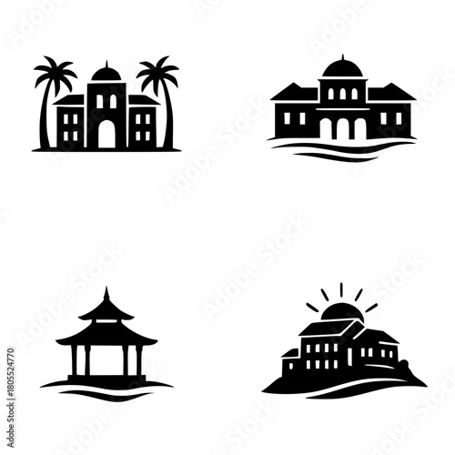 4 Logos or icons for resorts, silhouette, transparent background