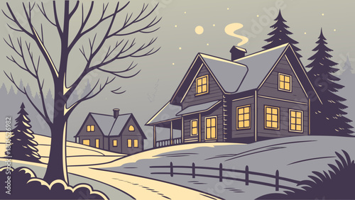 winter landscape with houses and trees