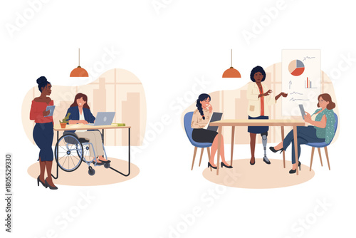 Diverse women, including those with disabilities (wheelchair user, prosthetic leg), collaborate in an office. This vector emphasizes Inclusion and workplace equity