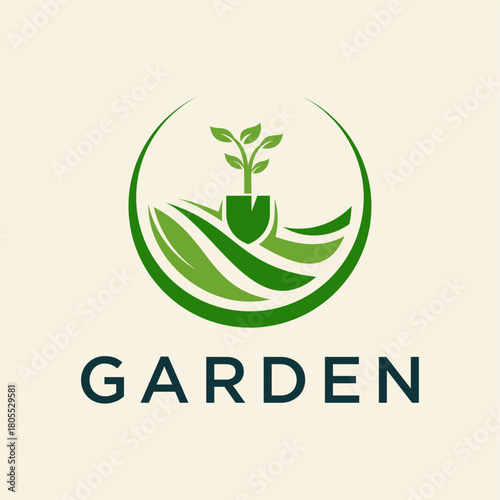 Green Garden Logo with Sprout and Soil Waves.