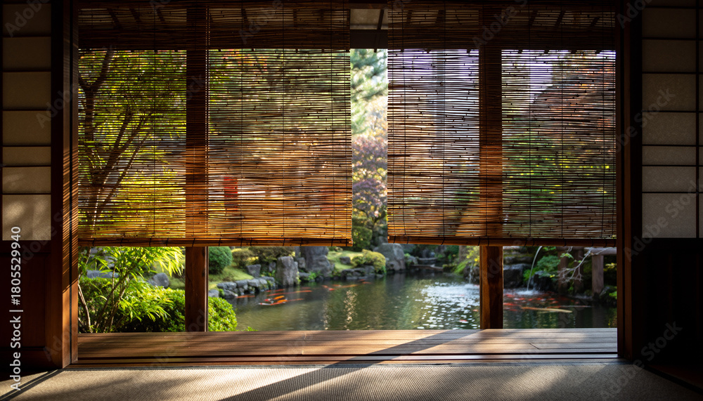 Obraz premium Japanese Room with Bamboo Blinds Overlooking Garden Pond
