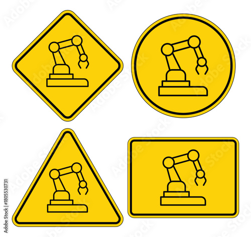 Safety Warning Signs Featuring Industrial Robotic Arm Icons in Yellow