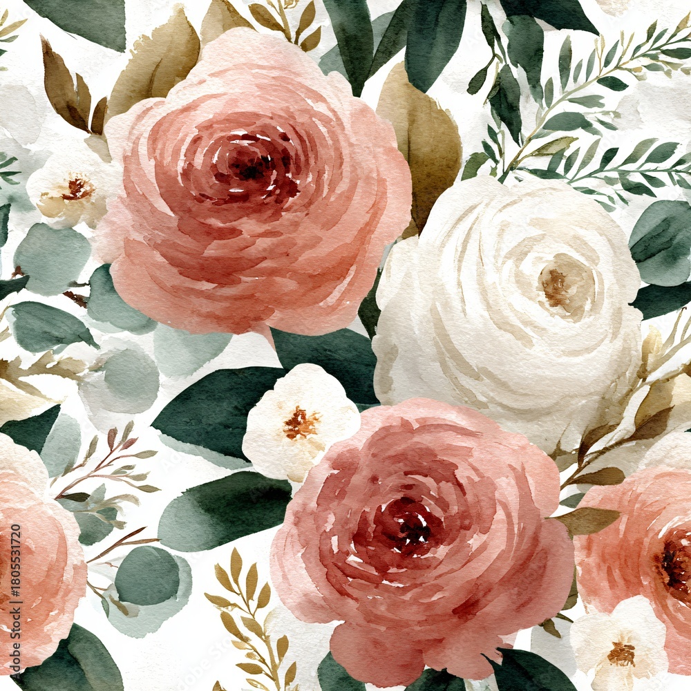 Naklejka premium Watercolor seamless pattern with elegant blush pink and white rose flower bloom, and green foliage for fabric, textile, or scrapbooking.