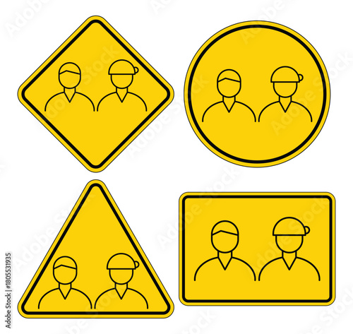Yellow Safety Signs with Outline Figures of Workers in Different Shapes