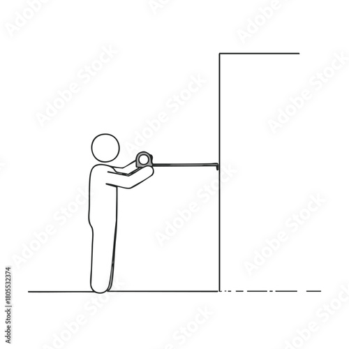 A simple line drawing illustrates a person using a tape measure to measure the width of a wall or object, conveying measurement and construction concepts.
