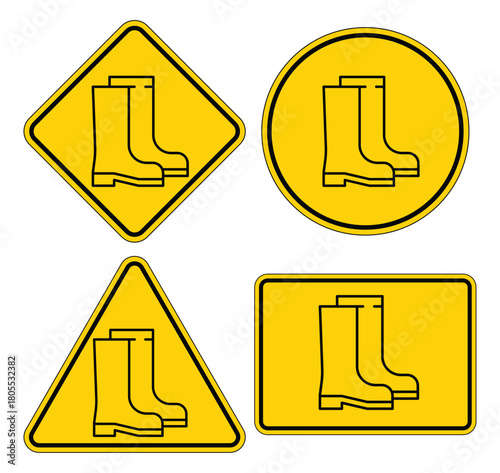 Various Warning Signs Featuring Rubber Boots in Yellow Danger Design