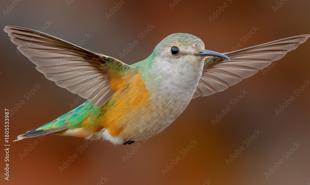 Fototapeta premium A vibrant Pharomachrus hummingbird flies, displaying its brilliant feathers against a soft blur