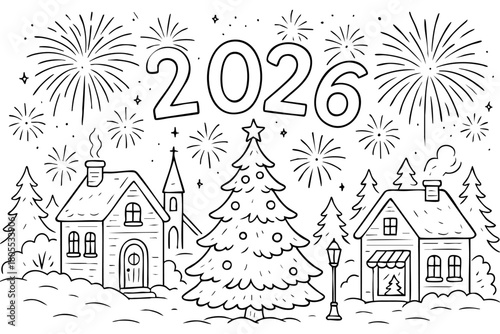Christmas village new year line art illustration. Church, houses, fireworks and the number 2026 in a snowy winter scene. Vector png illustration, coloring page