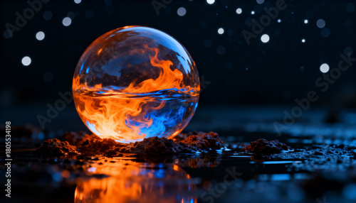 Glass sphere with fire and water elements inside on a reflective surface under a starry night sky