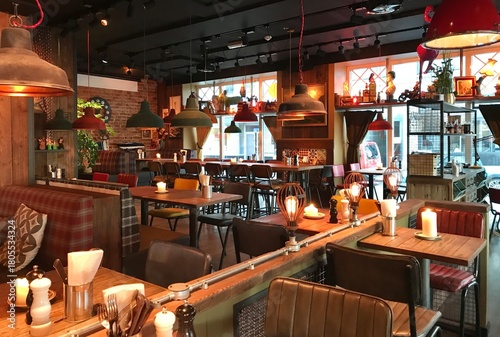 Empty Warm Cozy Cafe Restaurant in Europe During Fall Winter Decorated in Plaid