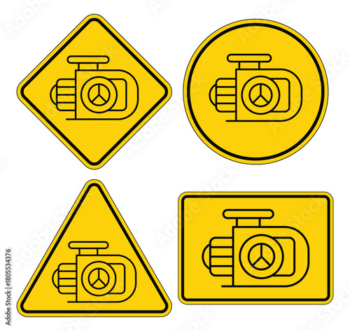 Collection of Engine Warning Signs in Various Geometric Shapes and Colors