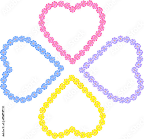 メッセージカードや装飾に最適！花で作られた綺麗なハート4色セット(ピンク、黃、紫、青)