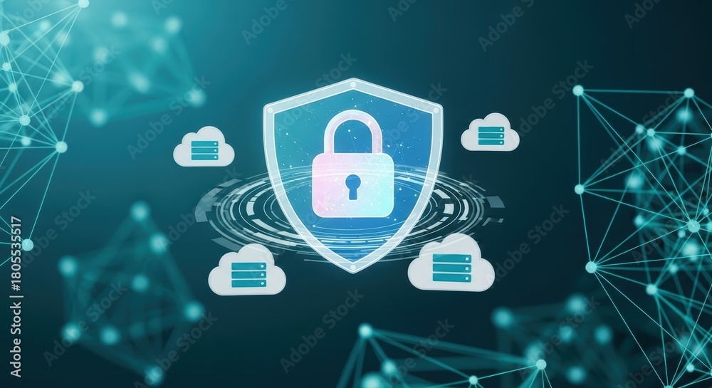 custom made wallpaper toronto digitalA digital illustration showing cloud computing security with a shield and padlock with a blue background