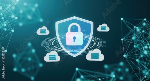 Wallpaper Mural A digital illustration showing cloud computing security with a shield and padlock with a blue background Torontodigital.ca