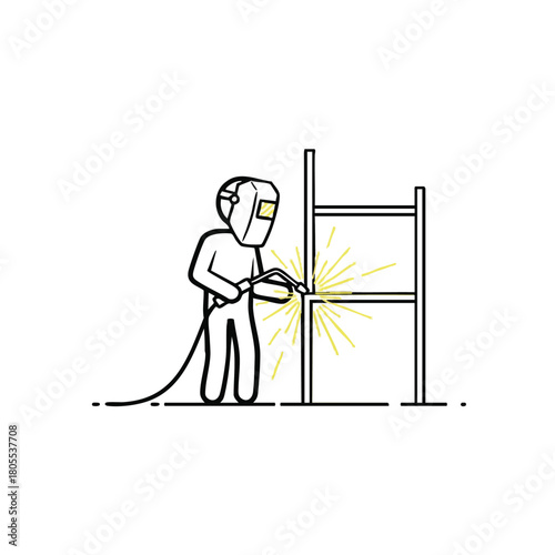 A simple line drawing depicts a welder wearing protective gear as they join metal pieces together with a bright burst of sparks in a minimalist style.