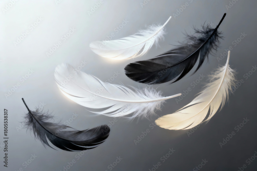 Obraz premium Soft white and black feathers gently floating and drifting against a serene grey gradient background, symbolizing lightness, balance, and duality.