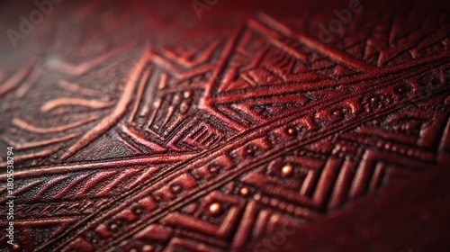 Close-up of intricately textured, red-brown leather with embossed geometric pattern