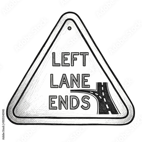 Cautionary 'Left Lane Ends' Sign with Stylized Road Depiction in Triangle Form