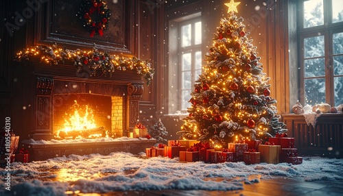 christmas tree in front of fireplace with gifts