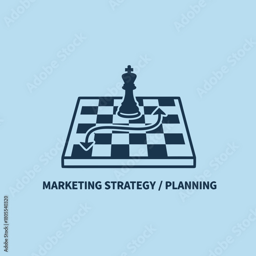 Vector icon of a chessboard with a king piece and an arrow path, representing 'Marketing Strategy' or 'Planning'. Simple line work.
