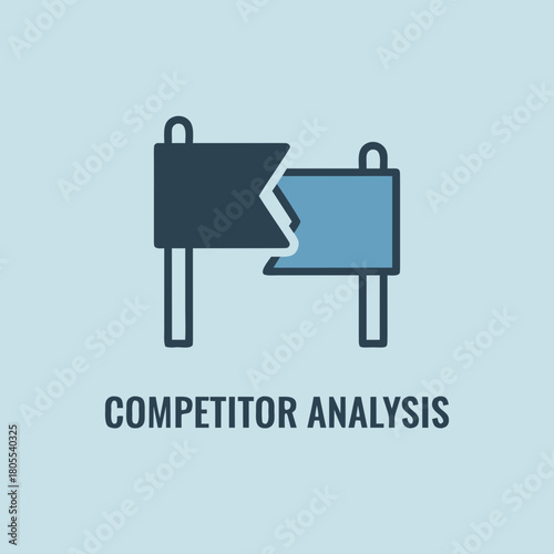Vector icon of two opposing flags or banners next to each other, with one slightly larger, symbolizing 'Competitor Analysis'. Flat, geometric design.