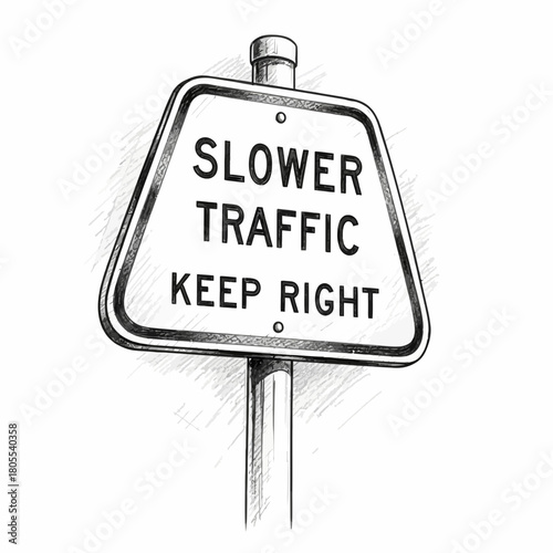 Hand Drawn Slower Traffic Sign Instructing Drivers to Keep Right Lane