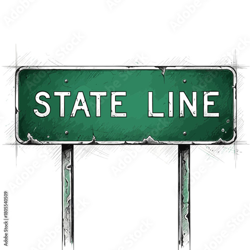 Illustrated State Line Sign with Aged Green Texture and Retro Charm