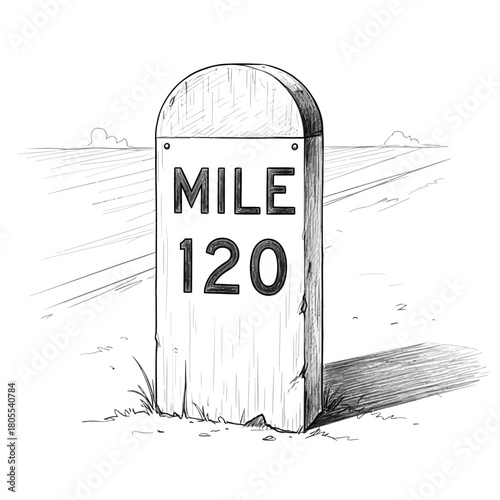 Sketch Illustration of a Mile Marker Along a Rural Countryside Road