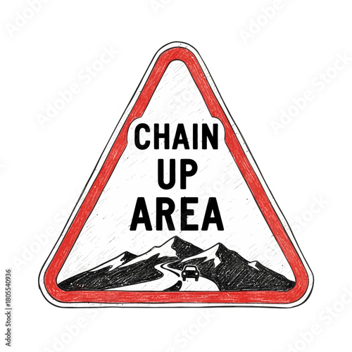 Stylized chain up area sign with mountain vista and winding road design
