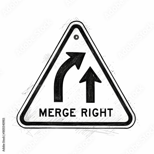 Stylized illustration of a merge right road sign indicating lane integration