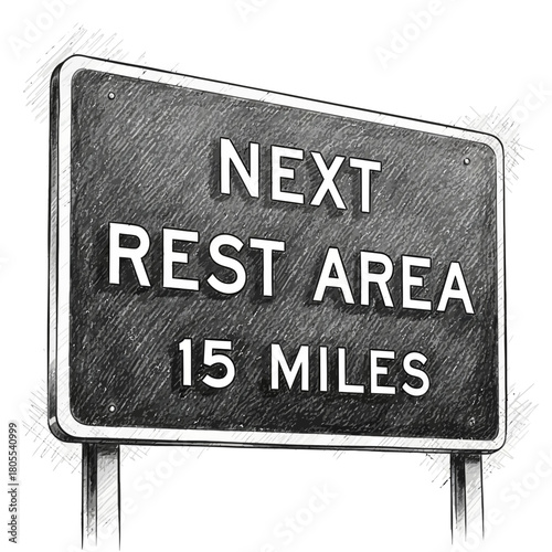 Stylized roadside sign announcing the next rest area within fifteen miles