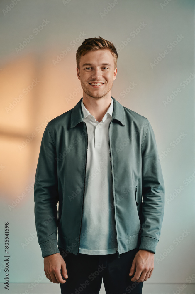 Fototapeta premium A smiling young man in a gray jacket and white shirt standing against a soft gradient background.