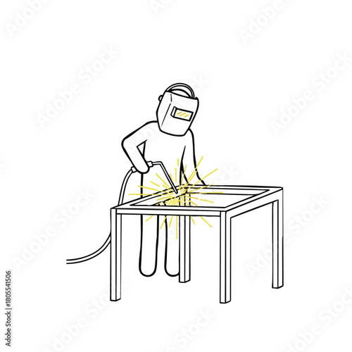 A simple line drawing depicts a welder wearing protective gear, carefully welding a metal frame, with bright sparks emanating from the welding point.