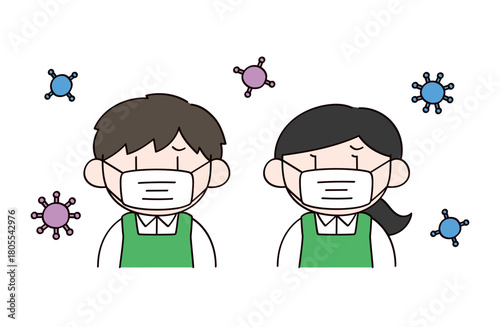 マスクをするスーパーの店員イメージの男女イラスト