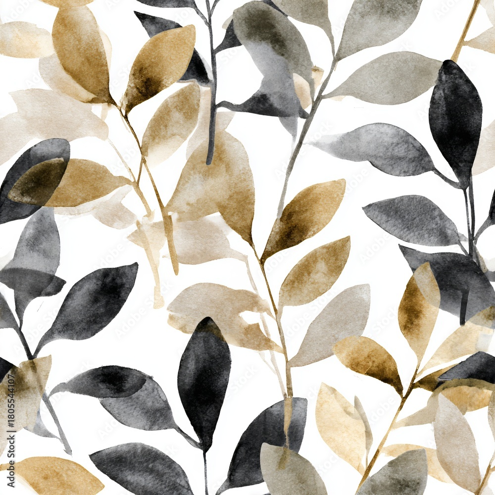 Obraz premium Watercolor seamless pattern with black and golden leaves. Botanical design for textile, wallpaper, and fabric print. Autumn foliage background.
