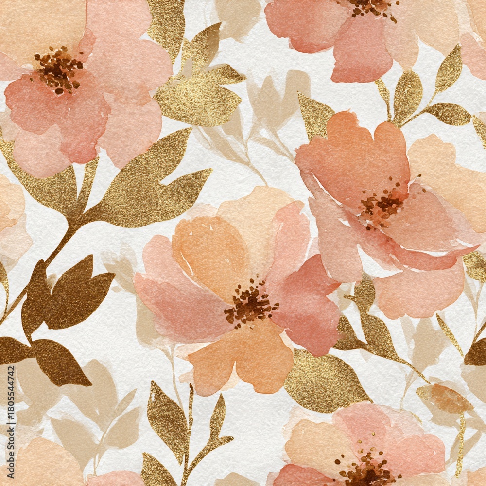 Naklejka premium Watercolor seamless pattern with pink flowers and golden leaves. Botanical floral design for fabric, wallpaper, or textile background.