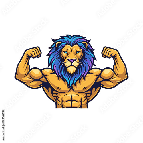 Muscular lion mascot flexing arms with colorful mane
