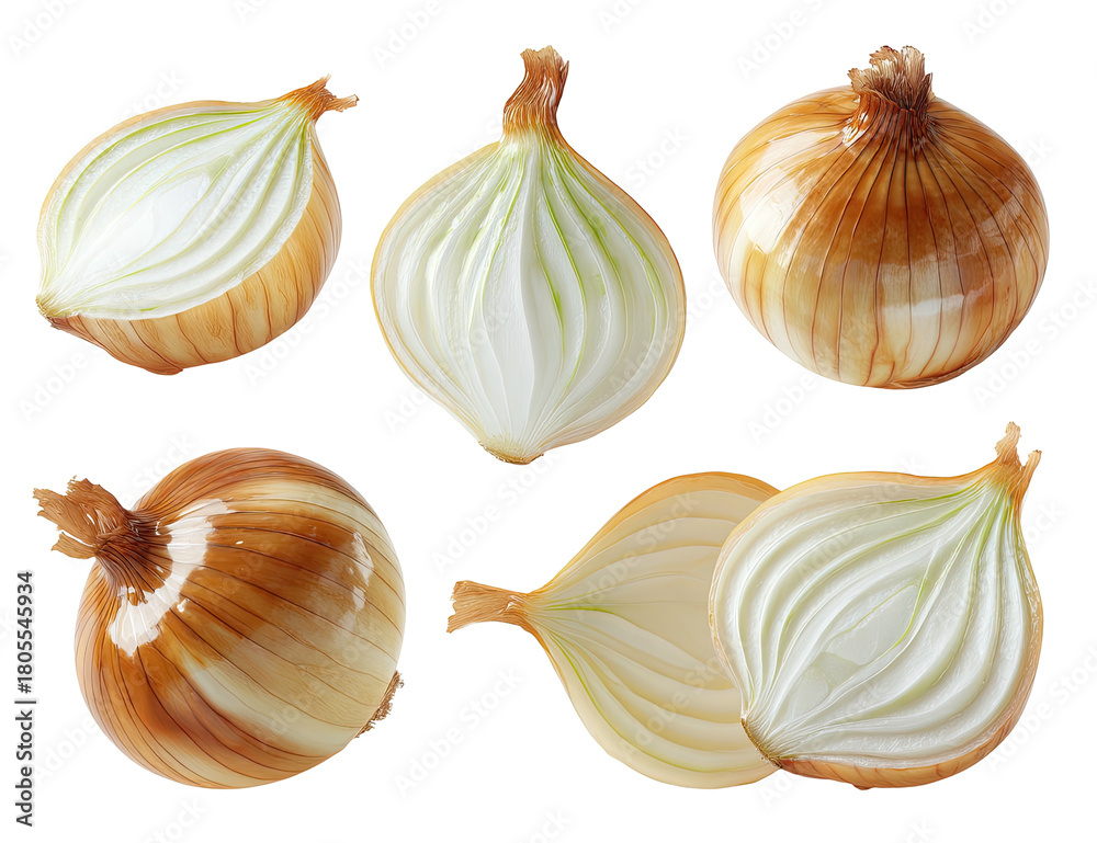 Obraz premium Five golden onions, some halved, revealing layers. Simple food art