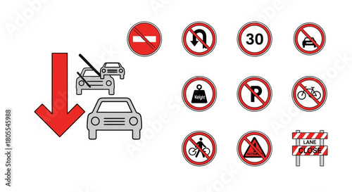 A collection of diverse road signs including prohibitions, speed limits, and a graphic illustrating traffic reduction.